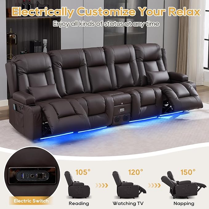 IPKIG Power Recliner Sofa with Flip-Up Backrest Console, USB & USB-C Ports, AC Outlet, LED Lights, Wall Hugger Recliners for Living Room, RV (Brown, 110.9" - 5 Seat) | Faux Leather, Zero Gravity, Dual Reclining, 2 Lumabr Pillow, Bluetooth Speakers