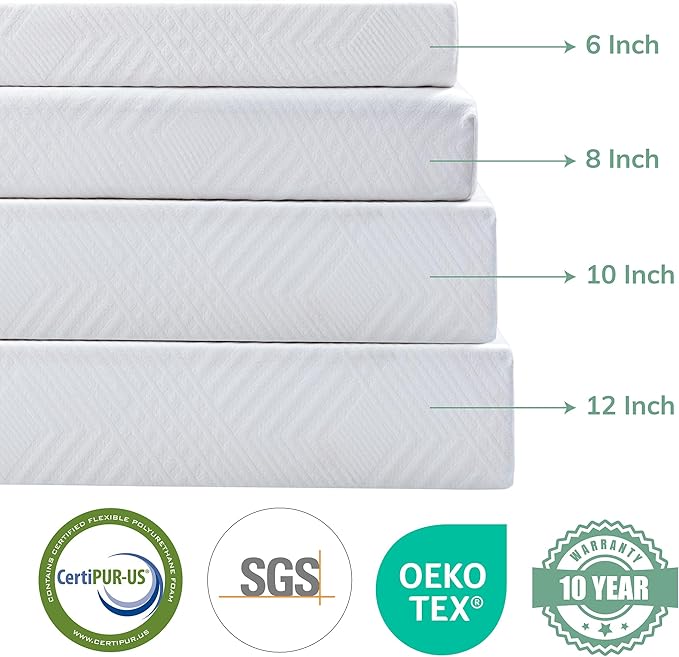 MLILY EGO White 12 inch Twin Memory Foam Mattress, Gel Green Tea Mattress Bed in a Box, Made in USA, CertiPUR-US Certified, 38"×75", Medium Firm