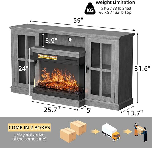 YESHOMY Glass Fireplace TV Stand for Televisions up to 65", Media Entertainment Center Console Table with Doors Closed Storage, Grey Wash