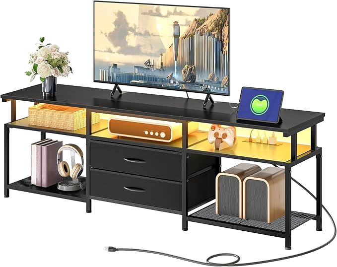 HOOBRO TV Stand with Power Outlet and LED Light, Entertainment Center for TVs Up to 75 Inch, Modern Media Console Table with 2 Non-Woven Drawers, for Living Room, Bedroom,Black BB55UDDS01