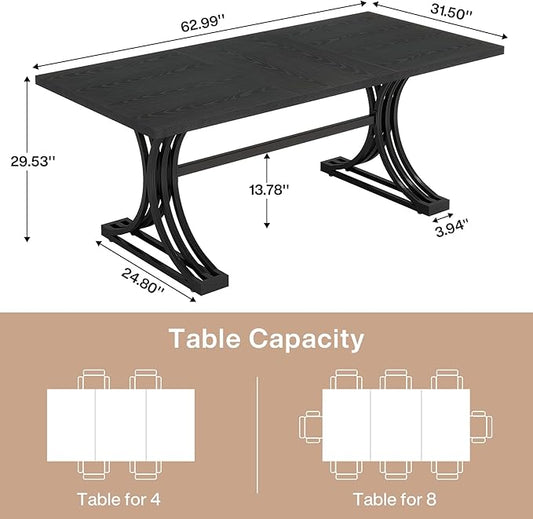 Tribesigns 63-Inch Rectangular Dining Table for 4 to 6, Modern Kitchen Tables with Stylish Metal Trestle Legs, Large Dinner Table for Dining Room, Only Table (Black)