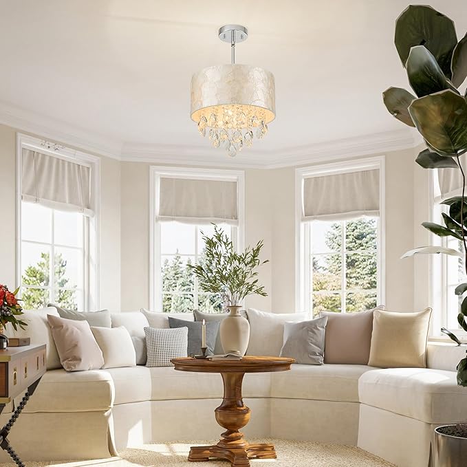 Small 3-Light Drum Capiz Shell Crystal Chandeliers, Coastal Style Pendant Light Fixture for Dining Room, Living Room, D12 x H19~49"(Adjustable), Shell Lampshade & Chrome Finish