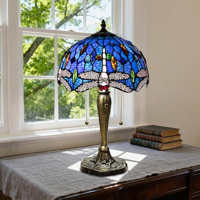 Small Tiffany Table Lamp, Blue Dragonfly Stained Glass Lamp,12 Inch Tiffany Style Lamp for Bedroom Living Room Home, Handcrafted Light, Included Bulb