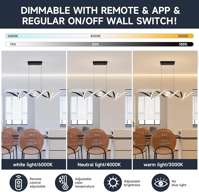 Modern LED Pendant Lights, Dimmable 39'' Spiral Wave LED Chandelier Lighting, Linear Swivel Black Dining Room Hanging Light Fixtures Kitchen Island Pendant Light for Dining Table (2340lm)