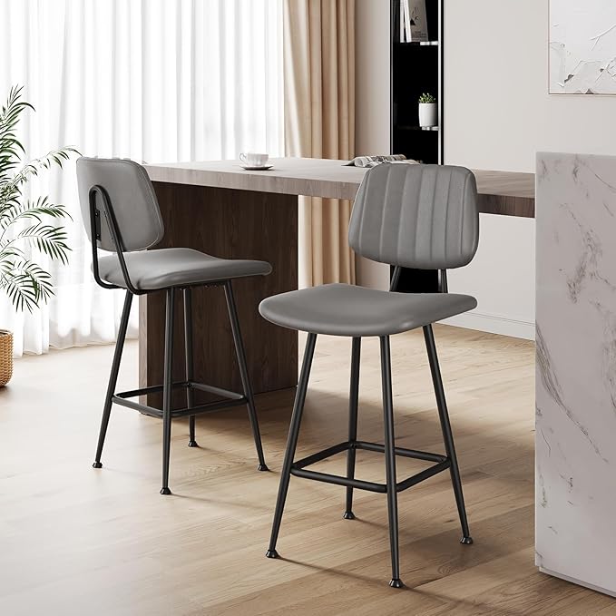 24-Inch Leather Bar Stools Set of 2, Counter Height Barstools with High Backrest，Bar Chairs for Kitchen Island with Heavy Duty Metal Base, Gray