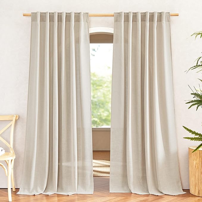 NICETOWN Linen Cream Curtains 108 inches Long, Rod Pocket & Back Tab Flax Linen Burlap Semi Sheer with Light Filtering Privacy Window Drapes for Living Room/Bedroom, W52 x L108, 2 Panels