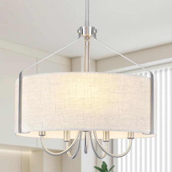 5-Light Modern Drum Chandelier for Dining Room 18" Farmhouse Pendant Light with Linen Lampshade – Brushed Nickel Chandelier for Kitchen Island, Living Room, Bedroom, Entryway & Foyer