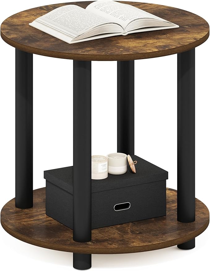 Furinno Turn-N-Tube 2-Tier Round Wooden End Table, Amber Pine