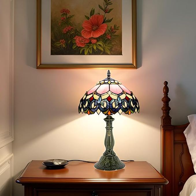 Tiffany Lamp Stained Glass Table Lamps Pink Jewelry Baroque Style Desk Lamp 12X12X18.5 Inch Bronze Ceramic Base Reading Light Suitable for Bedside Bedroom Living Room Dining Room Office