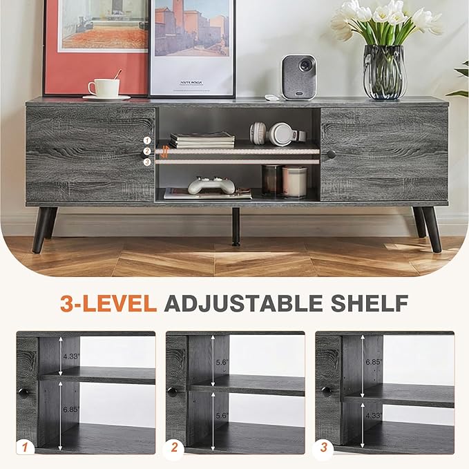 Sweetcrispy TV Stand for 55 60 inch TV, Modern Mid Century Entertainment Center with Storage, Media Console Table 2 Cabinet, Soft Hinge, Handle Door, Wooden Living Room, Office Furniture, Grey