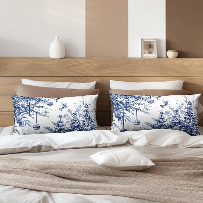 Blue Christmas Lumbar Pillow Covers 12x20 Set of 2 Christmas Xmas Tree Bird Ball Decorative Outdoor Throw Pillow Cases Winter Farmhouse Rectangle Pillowcase for Home Couch Sofa