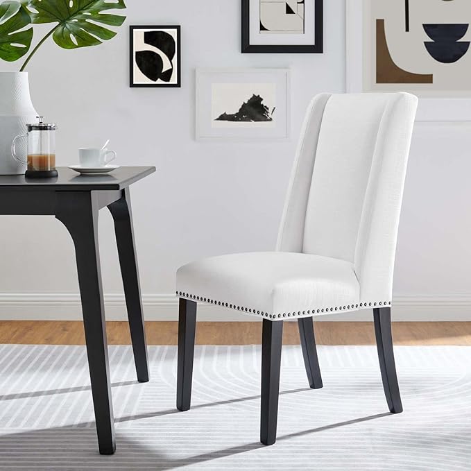 Modway Baron Upholstered Fabric Tall Back Dining Parsons Chair with Nailhead Trim in White 23.5 x 19.5 x 40
