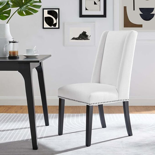 Modway Baron Upholstered Fabric Tall Back Dining Parsons Chair with Nailhead Trim in White 23.5 x 19.5 x 40