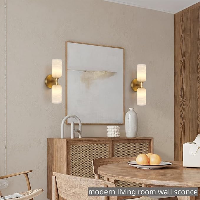 Alabaster Wall Sconces Set of 2, 14in Modern Spanish Natural Marble Vanity Light, Dimmable Hardwired Brass Gold Wall Sconce Lighting for Bathroom Mirror, Bedroom, Luxury Natural Stone Wall Fixtures