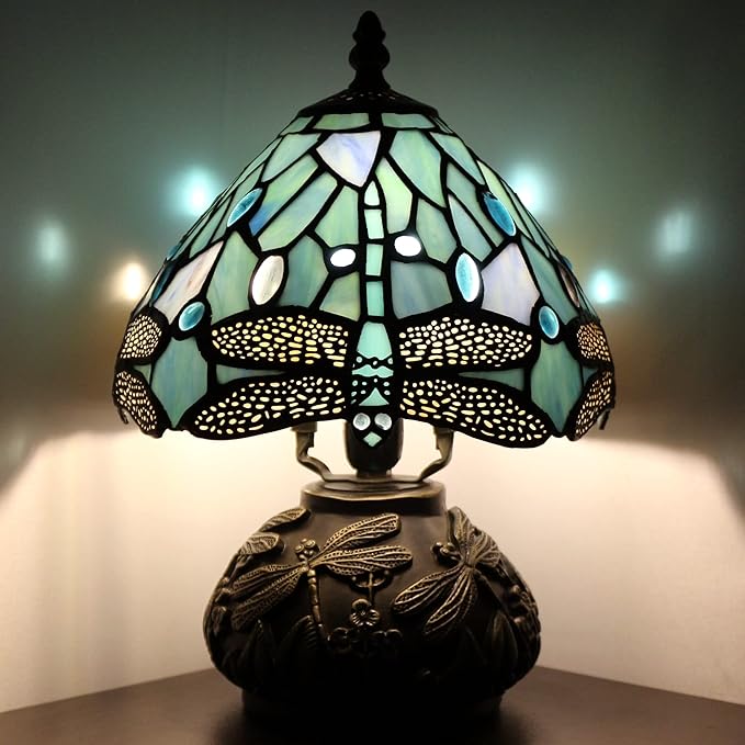 Small Tiffany Lamp Mini Stained Glass Table Lamp Sea Blue Dragonfly Style Mushroom Desk Light Memory Sympathy Lamp 8X11 Inch