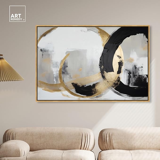 Art Remedy Another Dimension Canvas Modern Black White Abstract Wall Art, Gold Frame, 54" x 36"