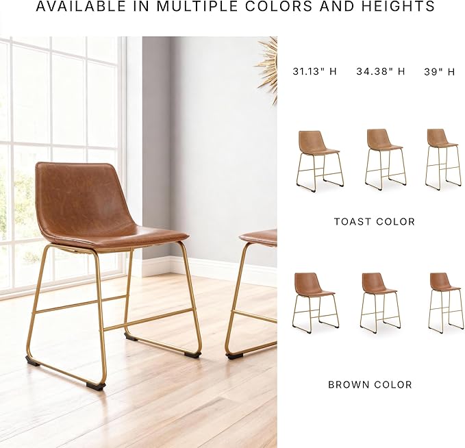 Signature Design by Ashley Lexadine Industrial Faux Leather Upholstered 30" Bar Height Dining Chair, Set of 2, Light Brown & Gold