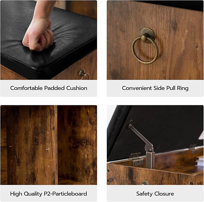 HOOBRO Storage Bench with Cushion, Shoe Bench with Lift Top Storage, Wooden Shoe Cabinet Bench with Hidden Storage, 12.4 x 32.3 x 18.3 Inches, for Entryway, Bedroom, Rustic Brown and Black BF40HX01