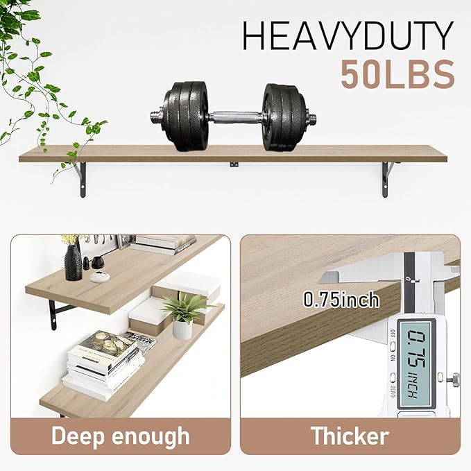 Kaboon 55 inch Long 10 inch Deep Floating Shelves for Wall Set of 2, Large Open Shelves Wall Mounted, Space Saving Home and Commercial Use, Oak/Grey Tone