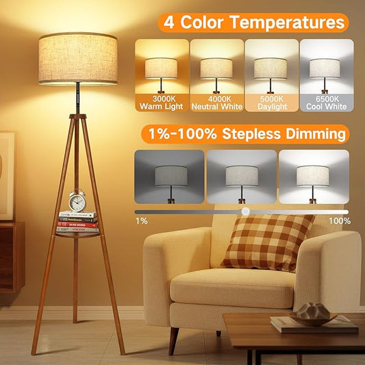 OUTON Wood Tripod Floor Lamp with Shelves, Mid Century LED Modern Dimmable Floor Lamp with Remote & Touch Control, Sturdy Tall Standing Lamp for Living Room, Bedroom, Office, Walnut