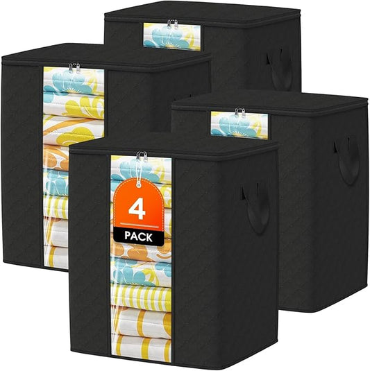 Clothes Storage Bags, 4-Pack Comforter Blanket Organizers, 80L Large Capacity Containers with Visual Window for Clothing, Quilt, Sheet, Pillow, Closet Organization for Bedding (Black)
