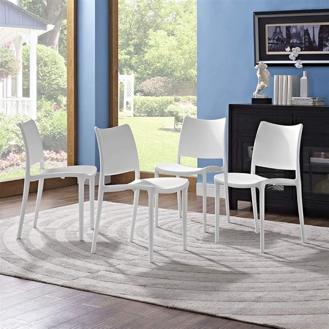 Modway Hipster Contemporary Modern Molded Plastic Stacking Four Dining Chairs in White