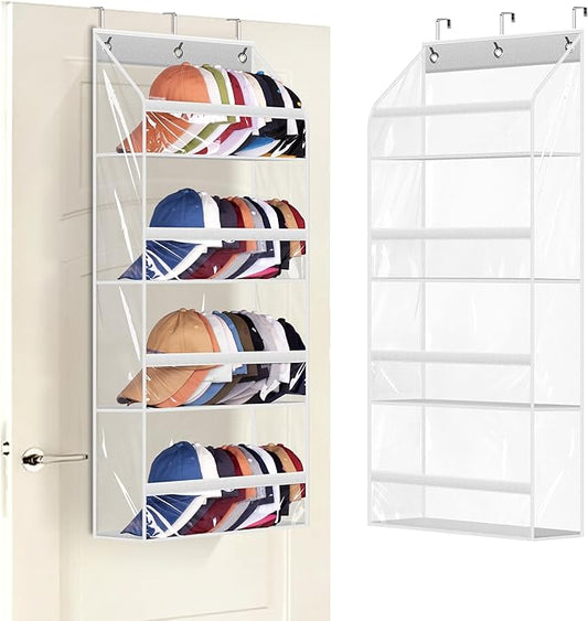 AOODA Clear Over the Door Hat Racks for Baseball Caps, Hold 48 Caps Hat Storage Organizer for Closet Wall, Deep Pockets Hanging Snapback Holder Shelves with 3 Hooks, White