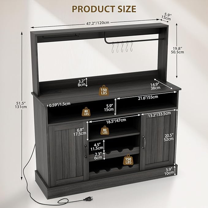47 in Farmhouse Buffet Sideboard Cabinet with Power Outlets Coffee Bar Cabinet with Storage, Large Buffet Storage Cabinet Table with Wine Racks, Goblet Holder, Hooks for Kitchen, Dining Room, Grey