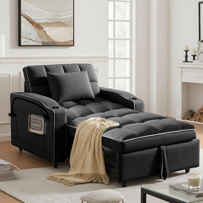 Sleeper Chair, Pull Out Chair Sleeper with Bracket and Cup Holder, Single Convertible Chairs Bed Sleepers for Adults, 3 in 1 Sofa Bed Chairs for Small Spaces, Living Room, Black