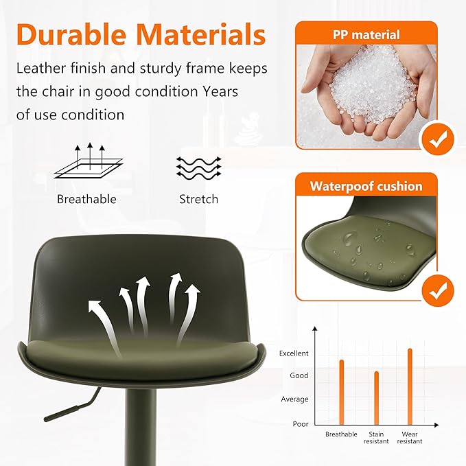 Kidol & Shellder Bar Stools Set of 2 Olive Green Adjustable Swivel Counter Height Stools, Modern PU Leather Upholstered with Back Solid Color Barstools for Kitchen Island