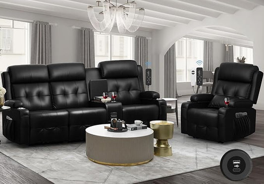Recliner Sofa, 3 Seater Massage Reclining Loveseat Sofa Sets, 1 Single Power Recliner Chairs Heat & Massage, Heavy Weight Capacity, RV Clearance Love Seat Couch with Console, USB, Type C Port