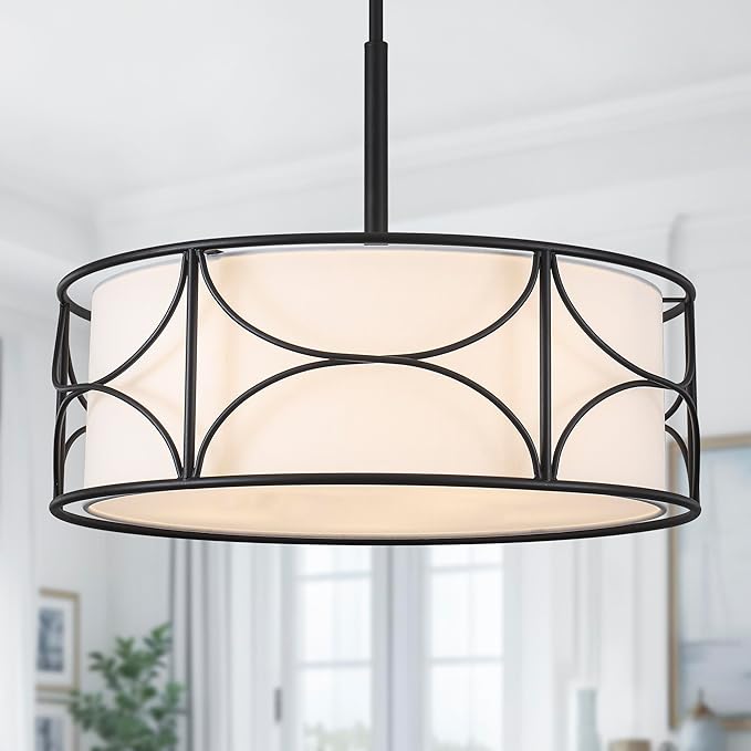 20" Drum Chandelier - Large Black Dining Room Light Fixtures 5-Lights Modern White Fabric Chandelier Farmhouse Drum Pendant Light Fixtures for Kitchen Island Living Room