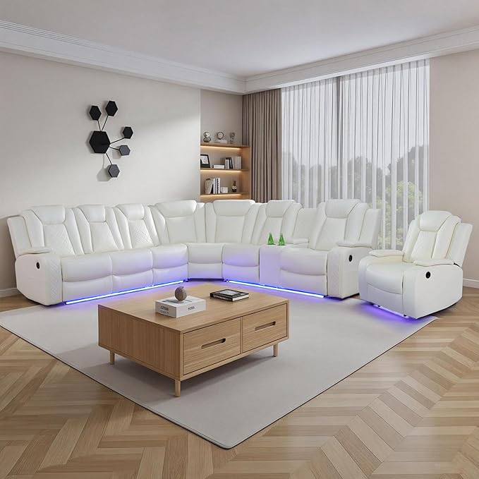 Power Recliner Sectional Sofa Set for Living Room, Leather Recliner Sofa Sets, L-Shaped Corner Sectional Couch Sets with LED Lights, Console Storage(Sectional and Chair,Cream)