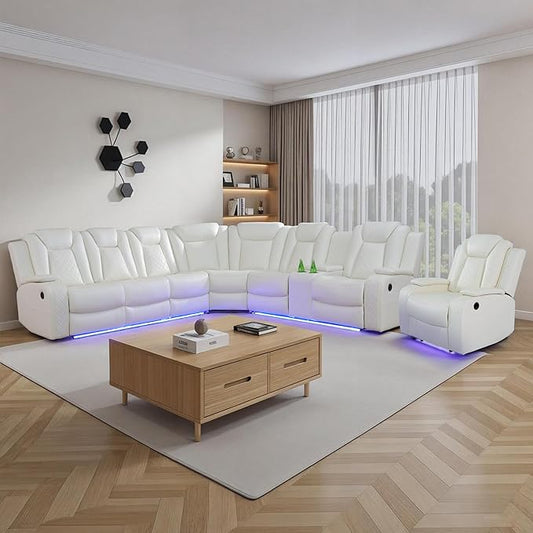 Power Recliner Sectional Sofa Set for Living Room, Leather Recliner Sofa Sets, L-Shaped Corner Sectional Couch Sets with LED Lights, Console Storage(Sectional and Chair,Cream)