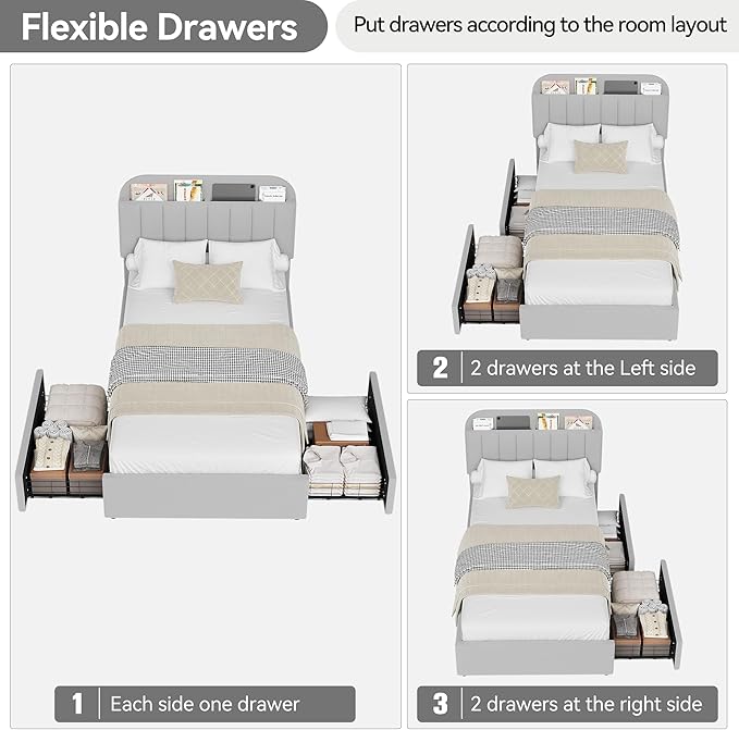 IDEALHOUSE Twin Bed Frame for Kids, Boucle Upholstered Platform Bed for Boys/Girls with 2 Flexible Drawers, Bookcase Headboard, Noise-Free, Easy Assembly, No Box Spring Needed, Gray