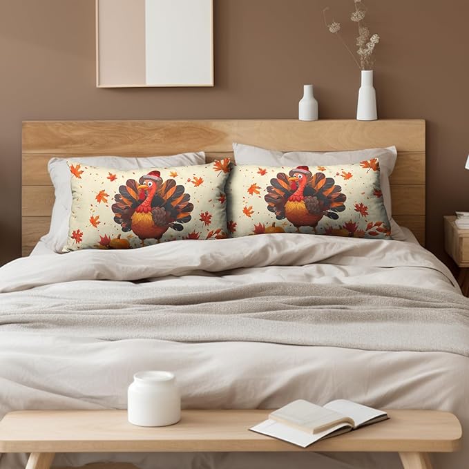 Thanksgiving Pillow Covers 12x20 Set of 2 Turkey Maple Leaves Pumpkin Lumbar Pillow Case Seasonal Fall Harvest Farmhouse Cushion Case for Outdoor Couch Patio