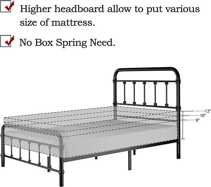 Queen-Bed-Frame with headboard Giselle-Vintage Antique-Metal - Platform Mattress Foundation,49 inch High,No Box Spring Needed(Black)