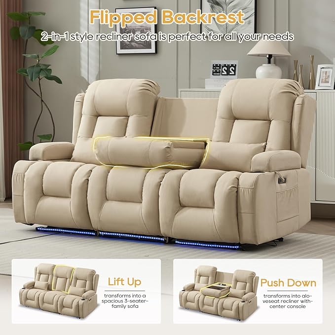 IPKIG Power Loveseat Recliner Sofa with Flip-Up Backrest Console, USB & USB-C Ports, AC Outlet, LED Lights, Wall Hugger Recliners for Living Room, RV, Home Theater (Beige, 76.8" - 3 Seat) | Leathaire Fabric, Zero Gravity, Dual Reclining, 2 Lumabr Pillow