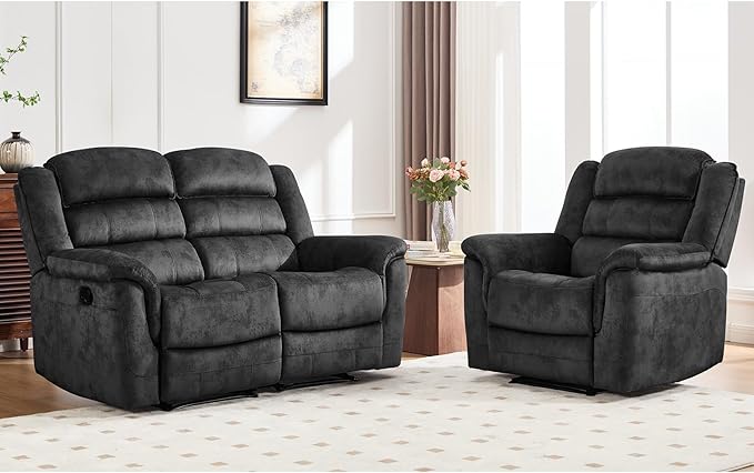 EBELLO 2 Pieces Reclining Loveseat Couch Furniture Set, Soft Fabric Manual Recliner Sofa Home Theater Seating, Manual Recliner and Wide 2PC Bonded Recliner Sofa Set for Living Room, Grey