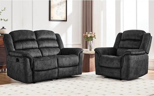 EBELLO 2 Pieces Reclining Loveseat Couch Furniture Set, Soft Fabric Manual Recliner Sofa Home Theater Seating, Manual Recliner and Wide 2PC Bonded Recliner Sofa Set for Living Room, Grey