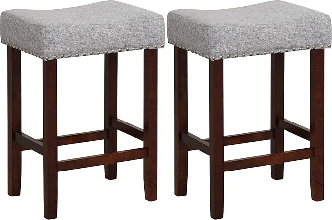 ERGOMASTER Bar Stools, 24 Inch Modern Saddle Stools, Rubber Wood, Light Grey/Brown, Set of 2
