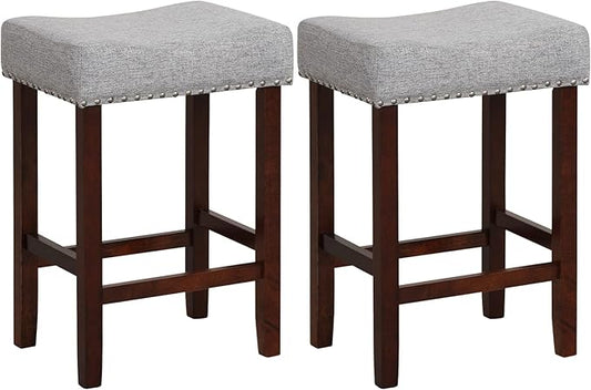 ERGOMASTER Bar Stools, 24 Inch Modern Saddle Stools, Rubber Wood, Light Grey/Brown, Set of 2