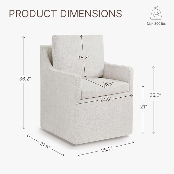 Upholstered Dining Chairs Set of 2, Modern Dining Room Chairs with Casters & Washable Cover, Rolling Accent Chair with Comfy Backrest for Kitchen, Farmhouse, Living Room, Cream Beige, 2 Box