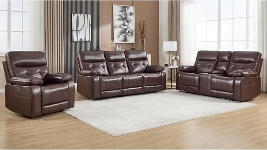 CANMOV Genuine Leather Power Reclining Sofa Set,Living Room Furniture Sofa Set,Power Recliner Chair,Loveseat and Sofa with Storage Console, USB Ports, Cup Holders for Living Room,Dark Brown
