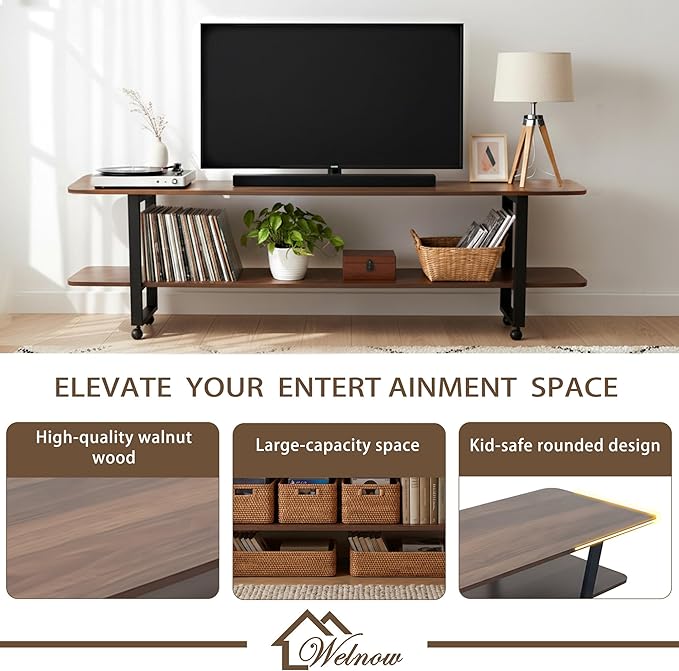 Welnow Walnut TV Stand for 65" TV, Mid Century Modern Entertainment Center with 2-Tier Open Shelves, Versatile Modern TV Console & Table for Living Room & Gaming