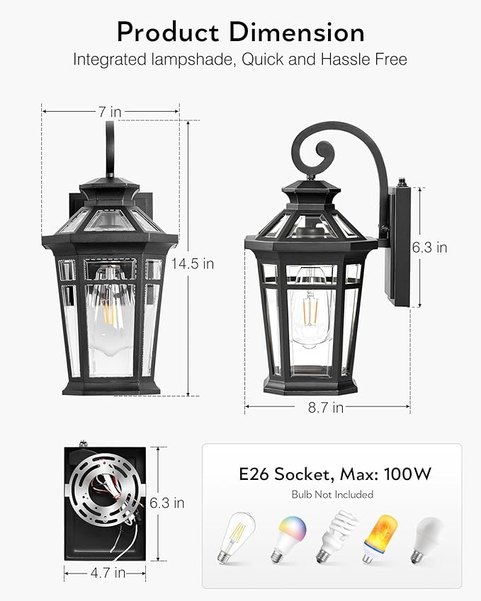 Outdoor Light Fixtures Wall Mount, 2-Pack Outdoor Wall Sconce Dusk to Dawn, Exterior Lantern with E26 Base, Matte Black Finish Coach Lights for Garage, Waterproof Outside Lights for House