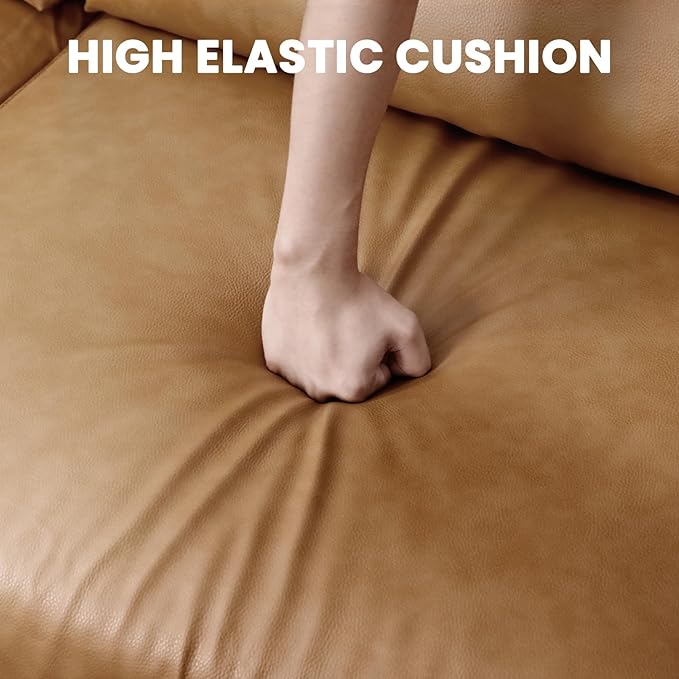 Vesgantti 100" Faux Leather Sofa with Movable Ottoman, L Shaped Wide Seating PU Leather Couch with Side Pocket, Comfy Mid Century Modern Modular Sectional Sofa for Living Room, Apartment, Cognac Tan