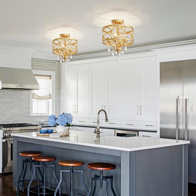Crystal Ceiling Light Fixture, Modern Semi Flush Mount Ceiling Light, 4-Light Gold Round Crystal Chandelier Hallway Lighting Fixtures for Bedroom Bathroom Foyer Entryway Dining Room Kitchen