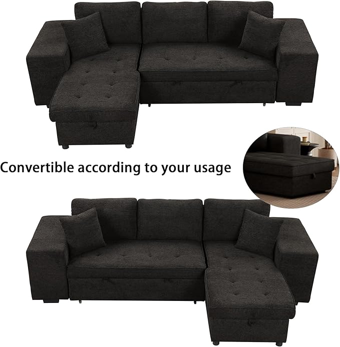 Merax 3 Seat Reversible Sectional Couch, Modern L-Shape Pull Out Sleeper Sofa with Storage Chaise and 2 Stools for Living Room Furniture Set, Gray