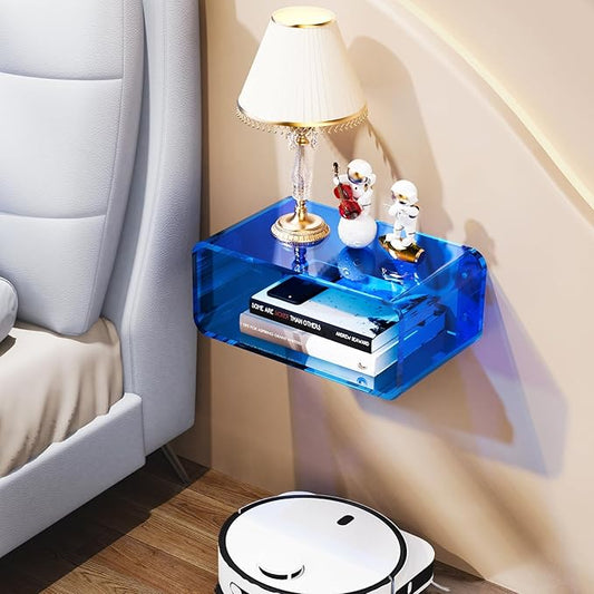 Acrylic Floating Nightstand, Bedside Table, Nightstand Shelf Wall Mounted Bedside Shelf (Blue, Small)